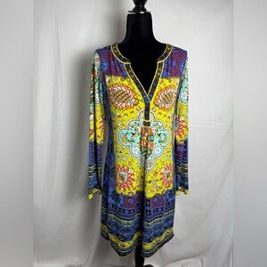 Hale Bob Medium Blue Yellow Geometric Long Sleeve Dress